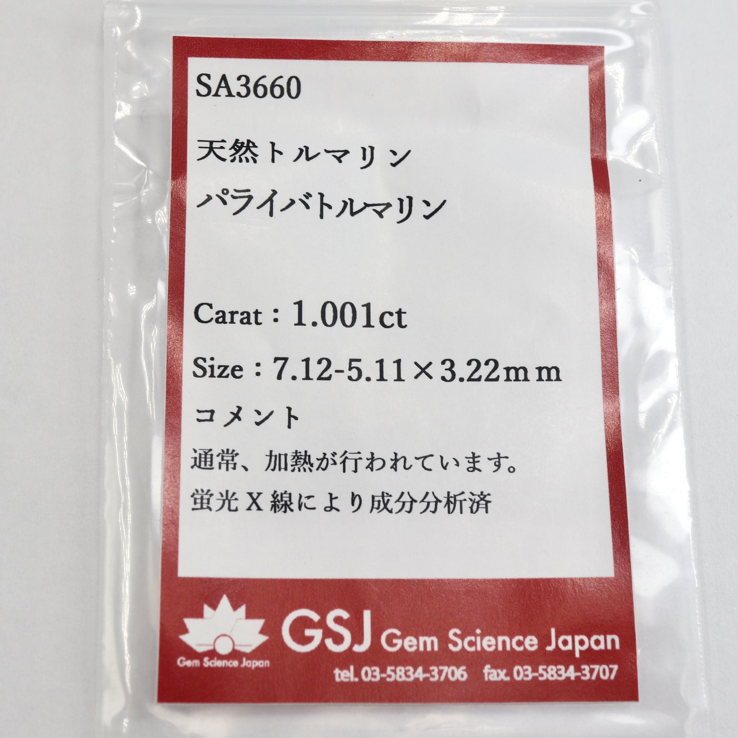 【パライバトルマリン1.001ct】【G097】